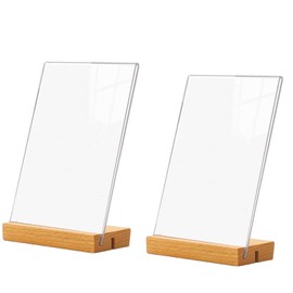 Acrylic Stand, A5, T-Shape Table Stand, 2 Pieces Menu Card Holder, Card Holder, Transparent, Dual Card Slot Poster Stand, Sign Holder with Wooden Base for Restaurant, Cafe, Shop