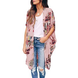 Ivay Womens Floral Kimono Duster Cardigans Short Sleeve Draped Oversized Beach Cover Up Cape, Pink, Large