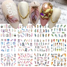 12 Sheets Nail Water Transfer Decals, Nail Art Stickers for Women, Holographic Various Styles Feather Wind Chimes Heart Nail Designs Supplies, Acrylic Nails Decorations DIY Resin Nail Decal Tattoos Set