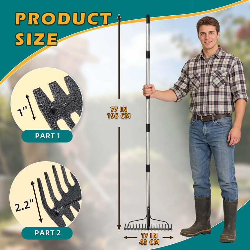 Bow Rake , 2-in-1 77in Metal Garden Lawn Rake for