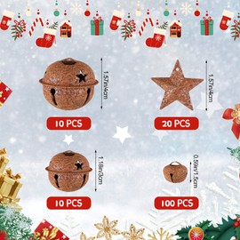 140 Pieces Christmas Bell Set, Includes 100 Rustic Small Bell 20 Star Cutout Bell 20 Metal Star Vintage Ornament for Christmas Home Decor DIY Craft (Rusty)