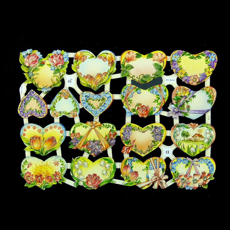 Glanzbilder Flower Hearts and Locket Set of 4 Different Wafer
