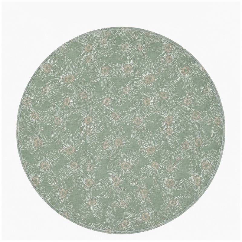 Sage Green Round Tablecloth, Abstract Floral Design, 70 in