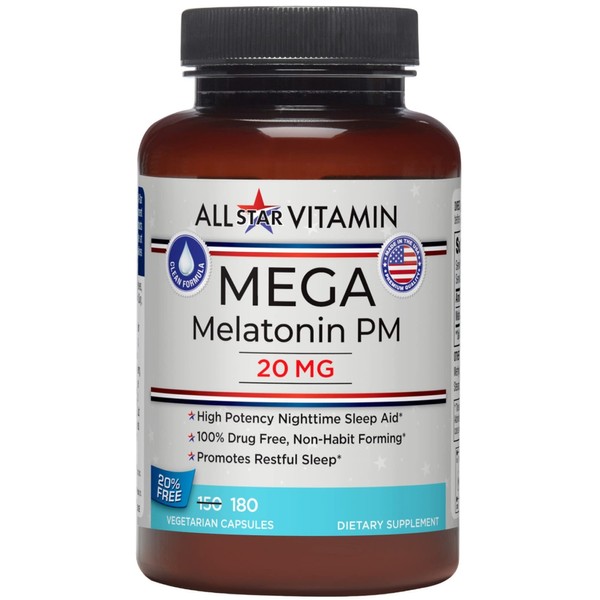 All-Star Vitamin Mega-Melatonin PM 20mg, High Potency, 180 Vegetarian Capsules, Clean-Formulated, Non-GMO, Gluten Free, Vegan, Drug-Free