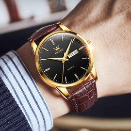 OLEVS Mens Watches, Luminous Casual Leather Watches for Men Easy to Read Quartz Number Fashion Watch with Date Waterproof Blue/Black/Analog Men's Wrist Watches (6898-men-Brown Belt with Black dial)