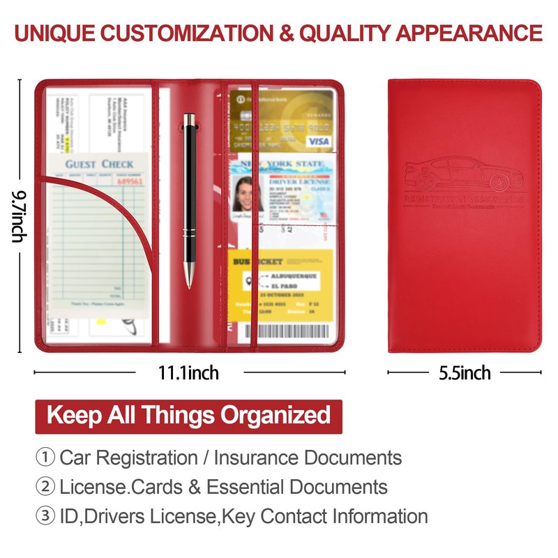 Car Registration and Insurance Card Holder, Leather License Document Red