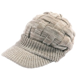 Loo & c Knit Hat with Brim, Large Size, Cross Knit、Casquette, Loose, Watch Cap, Cold Protection, Ear Flaps, Unisex, Heathered Beige