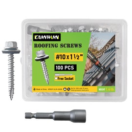 CAMNWAMN 100 Pcs #10 x 1-1/2 Inch Hex Head Metal Roofing Screws, Zinc Plated Sharp Point Sheet Metal Roof Screw with Rubber Washer, Self Tapping Metal to Wood Siding Screws, Hex Socket Included