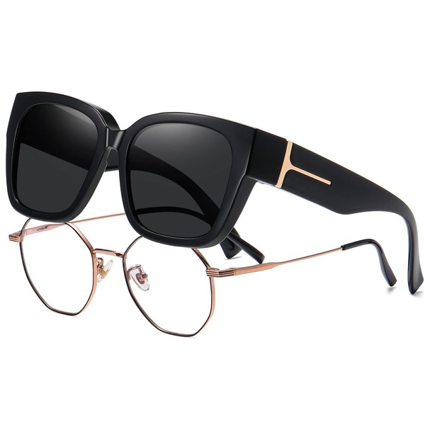 KANASTAL Over Sunglasses, Can Be Hanged Over Glasses, Polarized, UV400, UV Protection, For Driving, Fishing, Sports, Men's, Women's, A1 Over Sunglasses + Black