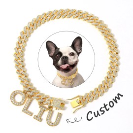 US Local Stock Hiphoppet INS HOT SELLING DIY Dogs Collar Custom Letter Name Necklace HipHop Luxury Alloy Dog Chai Walking CollarSize: 13.78in /35cm, Color: Gold with DIY 6 Letters(Remember to leave a comment.