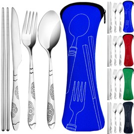 Lengnoyp - Juego de 20 utensilios de viaje de alta calidad con funda, utensilios portátiles reutilizables de acero inoxidable con funda, juego de cubi