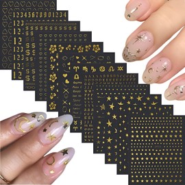 12 Sheets Gold Nail Art Stickers Decals 3D Self Adhesive Letter Heart Nail Decals,Flower Star Nail Stickers,Gold Nail Stickers for Nail Art,Nail Art Supplies for Women Girls