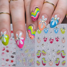 Flower Nail Art Stickers- 3 Sheets Colorful Flower Ocean French Lines Nail Stickers 3D Self-Adhesive Flowers Nail Designs Stickers Summer Nail Decals for Nail Art Manicure Decoration