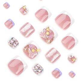 French Tip Press on Toenails Pink Fake Toe Nails - Mdscve Glitter False Toenails Glossy Full Cover Acrylic Toenails with Rhinestone Butterfly Design Toe Nail Press ons for Women 24Pcs