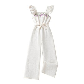 Floerns Girl's Summer Jumpsuit Floral Ruffle Sleeve Wide Leg Long Pants Rompers One Piece Outfit Apricot 11Y