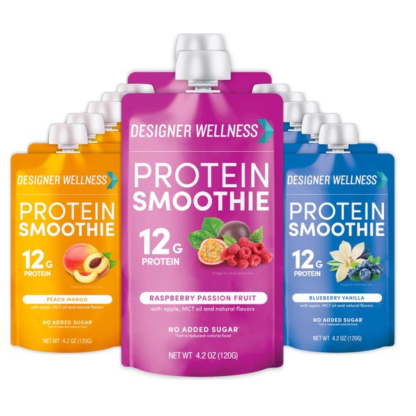 Designer Wellness Protein Smoothie, Real Fruit, 12g Protein, Low Carb, Zero Added Sugar, Gluten-Free, Non-GMO, No Artificial Colors or Flavors, Super Fruits Variety Pack, 12 Count