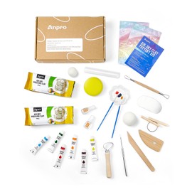 Anpro Pottery Kit,Air-Dry Clay Starter Kit for Beginners,Air Dry Clay Kit for Adults,Starter Bundles Includes a Pottery Tool Set,w/Paint Set., Waterproof Varnish,10 Paint, Brushes,Sponge, Guide 20pcs