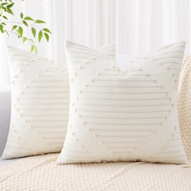 Mecatny Boho Outdoor Throw Pillow Covers 20X20 Set of 2, Farmhouse Decorative Pillow Covers for Couch Sofa Living Room, Beige & Cream White
