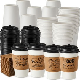 Jingmore 100 Set 12oz Christian Coffee Cups with Lids and Sleeves Disposable Bible Verse Paper Hot Cups for Religious Party Favors Sunday School Church Baptism