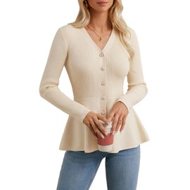 GRACE KARIN Women Wool Blend Button Up Cardigan Open Front Peplum Sweaters 2025 Fall Long Sleeve Knitwear Beige S
