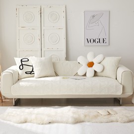 XSlive Super Soft Velvet Sofa Cover Geometric Embroidery Thick Warm Sectional Couch Covers Comfy Plush Anti-Slip Sofa Slipcover Furniture Protector for Living Room (Ivory A,43"x94")