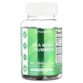 Vitamatic Vegan Sea Moss Gummies, Natural Raspberry, 3,000 mg, 60 Gummies (1,500 mg per Gummy)
