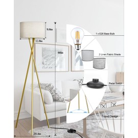 Lightdot 66IN Gold Tripod Floor Lamp, Vintage Standing Lamps with E26 Bulb Included, Modern Tall Lamps Mid Century Floor Lamp for Living Room, Home Office