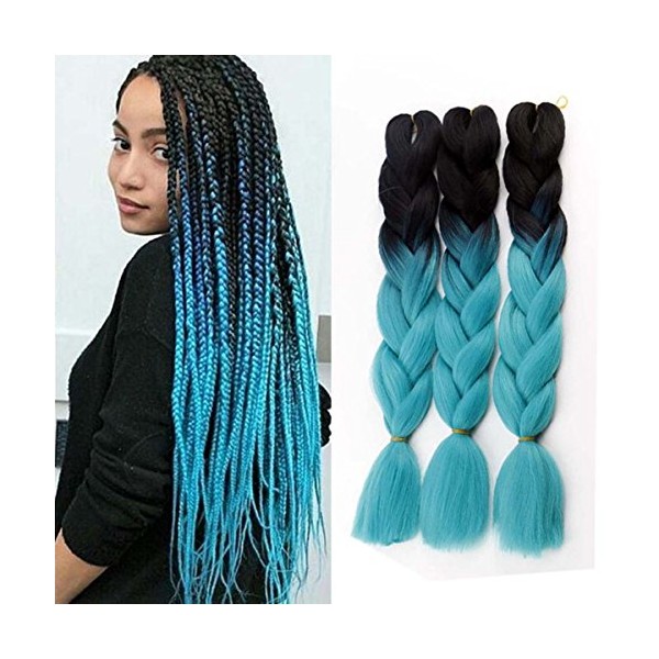 Jumbo Braids Colorful Synthetic Kanekalon Hair Extensions for DIY Crochet Box Braiding Ombre 2Tone Black-Skyblue 3Pcs 100g/Pcs 24Inches