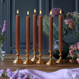 West Ivory 6 Pack, 10" LED Flameless Brown Tan Fluted Ribbed Grooved Taper Candles, Remote & 24h Timer Memory, On/Off Button, Dimmable, Flicker Mode, Battery Operated, Christmas Menorah Wedding