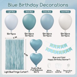 Blue Birthday Decorations for Women Men with Slate Dusty Light Blue Sand White Foil Balloons Fringe Curtain Banner for Birthday Party Decorations