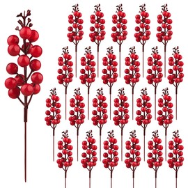 24 Pack Red Berry Stems, 7.5 Inch Artificial Burgundy Red Berry Picks Holly Red Berries Branches Christmas Berry Stem Picks for Christmas Tree DIY Crafts Wedding Holiday Season Winter Home Decor