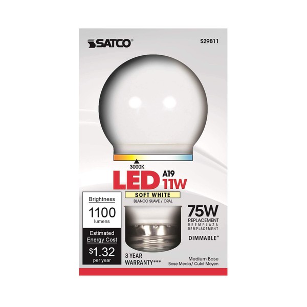 Satco S29811-11 Watt; A19 LED; 3000K; 120 Volt (6 Pack)