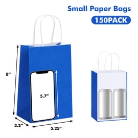 OUTUXED 150pcs Paper Bags, 5.25x3.2x8 Inches Gift Bags, Blue Plain Natural Bags with Handles Bulk for Shopping, Birthday, Wedding, Merchandise and Business Party