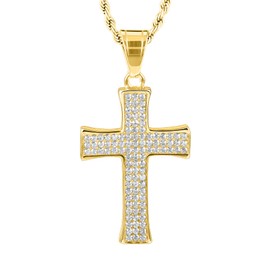 GOVENUS Stainless Steel A5 CZ Cross Pendant Necklace For Women&Men, Simple Religious Jewelry, On 22"+2" Rope Chain,Gold