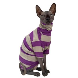 Vintage Stripes Sphynx Hairless Cats Shirt Cotton Cat Turtleneck Pet Clothes Kitten T-Shirts with Sleeves for Sphynx Cats (Wide Purple Grey Stripe, X-Large)