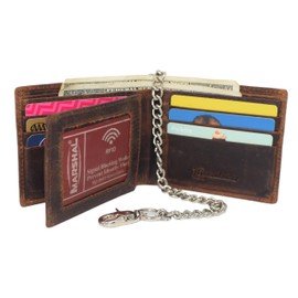 Distressed Vintage Leather Patriot American Flag Wallet -GOD BLESS AMERICA’ RFID Blocking Leather US Flag Men's Bifold Western Style Wallet (Brown with Chain)