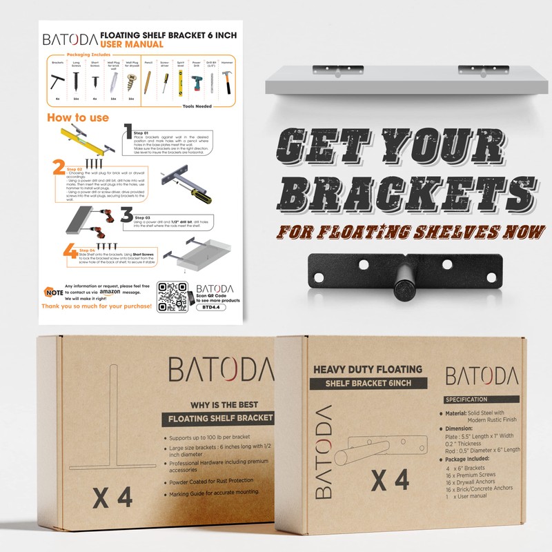 BATODA 6" Floating Shelf Bracket Heavy Duty (4 pcs) –