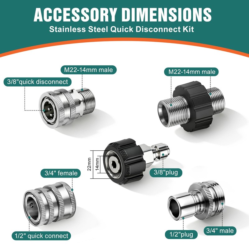 Pressure Washer Quick Connect Adapter Kit, M22 14mm to 3/8"