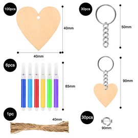 Hengxinc 100 Pcs Wooden Hearts for Crafting, 4cm Wooden Keyring Blanks with 10m Twine, Unfinished Wooden Craft Shapes with Hole Wooden Tags Make Your Own Keyrings DIY Keyrings
