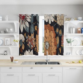 Tyrot Black Boho Floral 100% Blackout Curtains 54 Inch Long 2 Panels Mid Century Modern Botanical Grommet Thermal Insulated Room Darkening Black Out Window Drapes for Kitchen, 52Wx54L