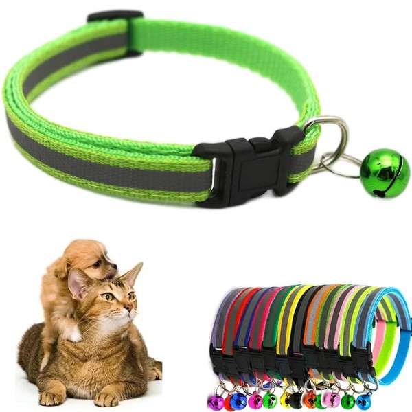 Green Cat Collar with Bell, Reflective Small Dog Collars Soft