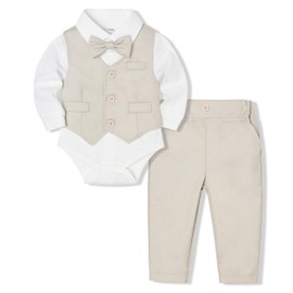 Juivesia Baby Boy Clothes Suits Infant Gentleman Wedding Outfit Formal Dress Shirt Vest Bowtie Pants 4Pcs Baby Suit Sets (Light Beige, 3-6 Months)