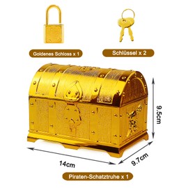 Eyezeeption Treasure Chest Children's Birthday Gold Treasure Chest Children with Lock and Key, Pirate Children's Birthday Treasure Chest Small for Storage and Decoration (Gold Treasure Chest)