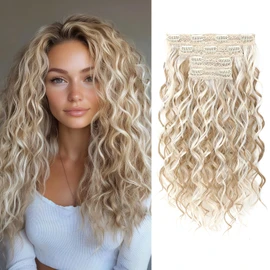 REECHO Curly Hair Extensions, 4PCS 16 inch Clip in Hair Extensions Lace Weft Short Curly Hair Extensions Clip Ins Invisible Natural Hairpieces for Women, Ash Blonde with Highlights