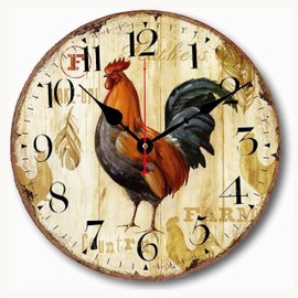 Qukueoy 24 Inch Vintage Farmhouse Kitchen Wall Clocks Battery Operated Rooster Analog Clock for Dinning Living Room Decor,Thicken Wood Board,Non-Ticking