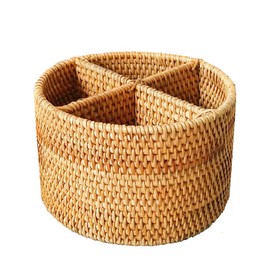 Handweaved Rattan 4 Compartments Storage Box Cosmetics Organizer Utensil and Bottle Serving Basket (200mm 4-compartment Round Box)