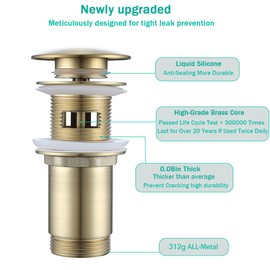 SEABEFORE Brass Round Bottle P-Trap with Pop Up Drain Stopper with Overflow,1 1/4 Adjustable Basin Sink Waste Drain Trap Kit,Brushed Gold P Trap