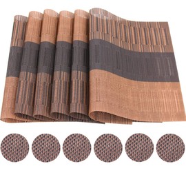 Time to Sparkle 13 PCS Vinyl Woven 6pcs Placemats + 6pcs Coasters+ 1pc Tablecloth Anti-Slip Table Mat Waterproof Heat Resistant Table Mat Decoration (Placemat+Runner-Brown Bamboo)