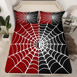 Manfei Spider Kids Sheet Set Queen Size, White Spider Web Black Dots Bedding Set for Boys Teens Adults Bedroom Decor, Red and Black Bed Sheet Set 4pcs (Fitted Sheet + Flat Sheet + 2 Pillowcases)