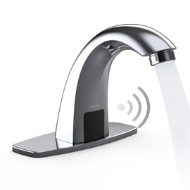 PRIMSOPH Automatic Motion Sensor Hands Free Electronic Infrared Smart Commercial Touchless Bathroom Sink Faucet with Cover Plate Temperature Mixer Battery or Plug-in Powered Chrome